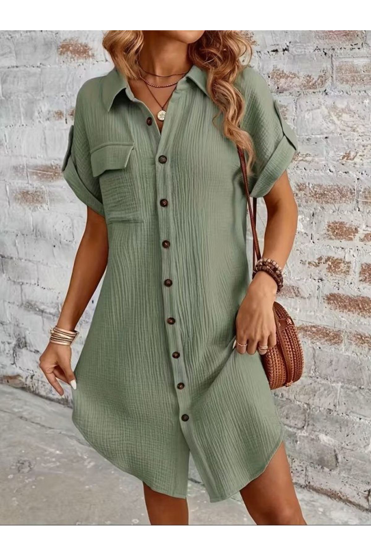 Kadın Kısa Kollu Yakalı önden Düğmeli Bürümcük Kısa Elbise