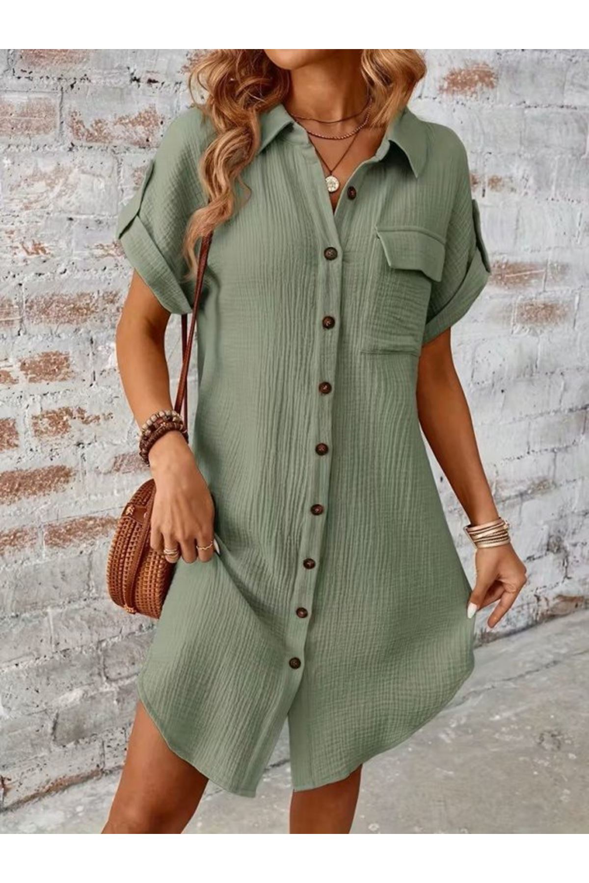 Kadın Kısa Kollu Yakalı önden Düğmeli Bürümcük Kısa Elbise