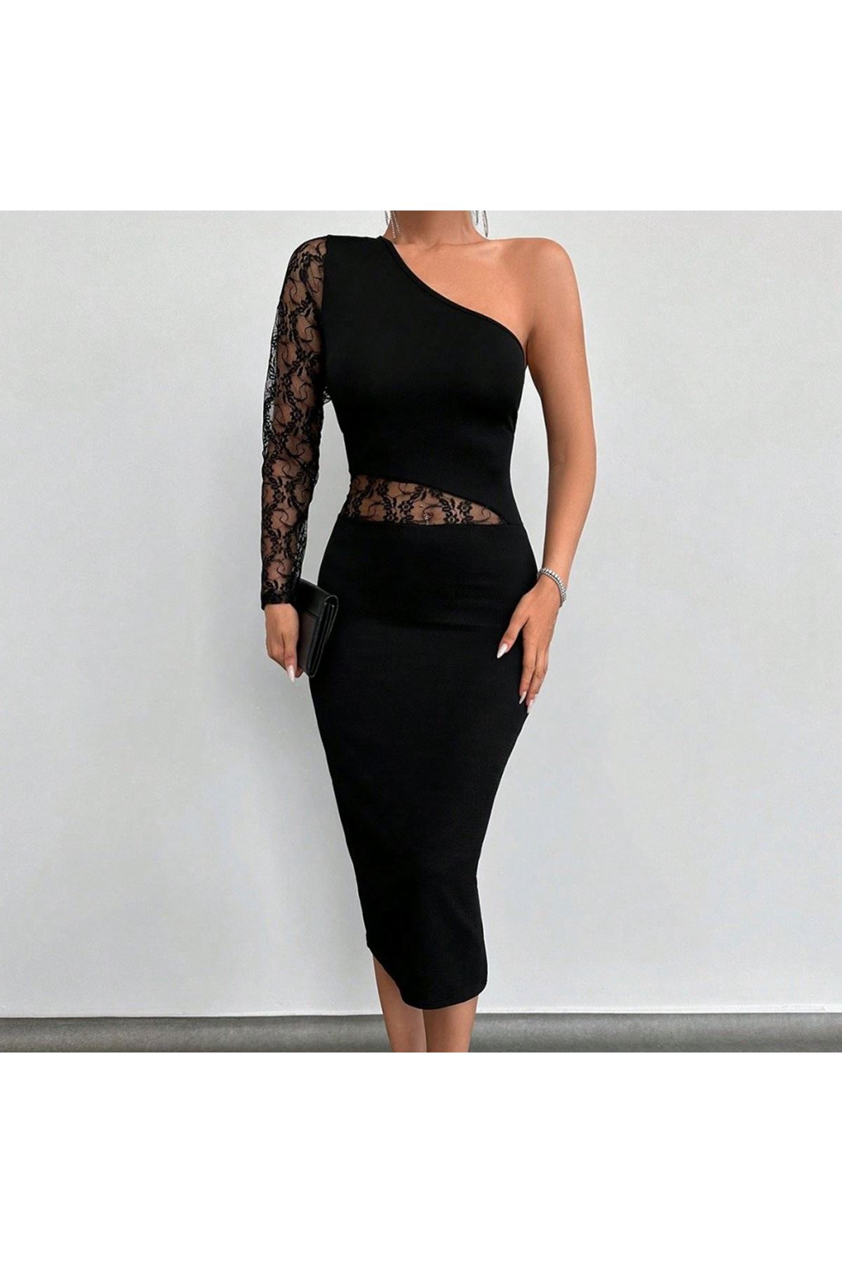 Kadın Siyah Tek Kol Dantel Detay Omuz Dekolte Krep Elbise