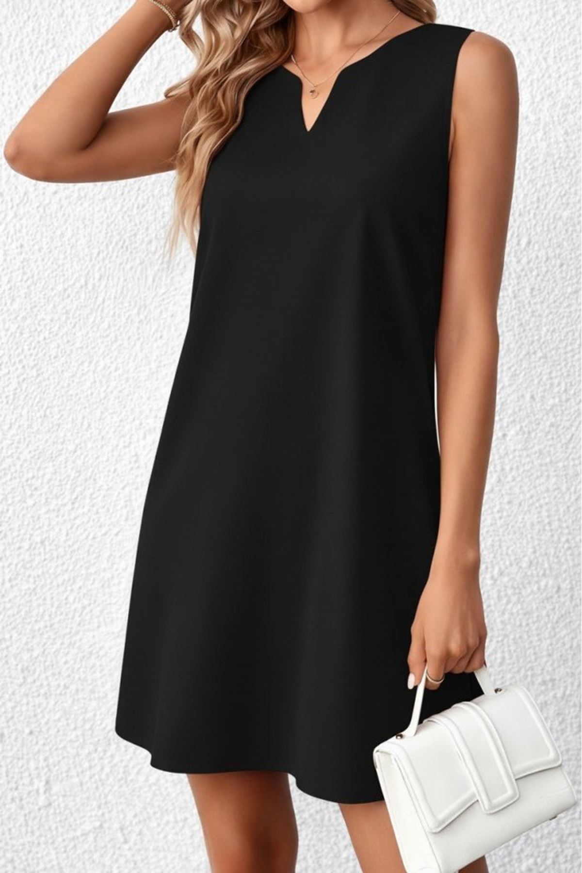 Kadın Askılı V Yakalı Mini Ithal Krep Elbise