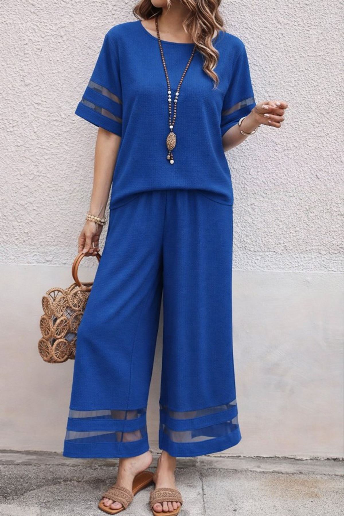 Kadın Kısa Kollu Bisiklet Yakalı Tül şerit Detaylı Bluz Ve Pantolon Ikili Takım