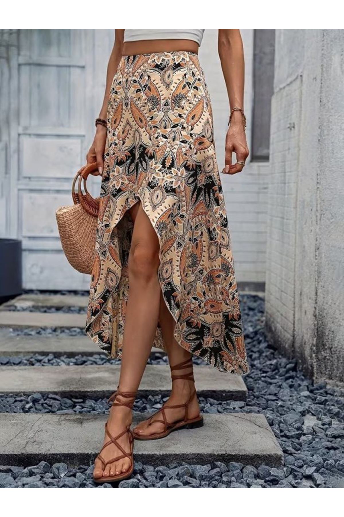 Kadın Yüksek Bel çiçek Desenli önü Asimetrik Detaylı Uzun Süprem Etek