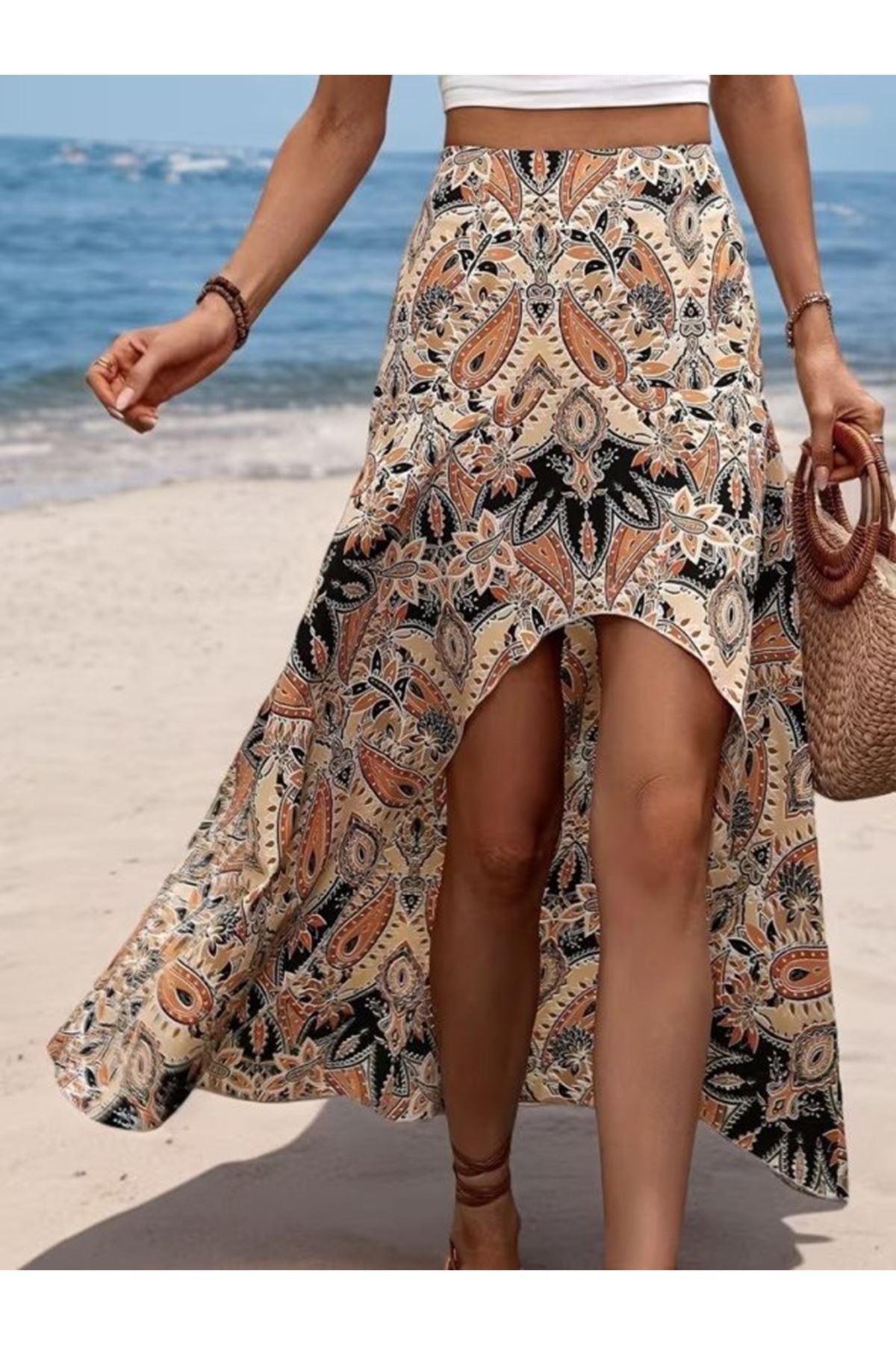 Kadın Yüksek Bel çiçek Desenli önü Asimetrik Detaylı Uzun Süprem Etek