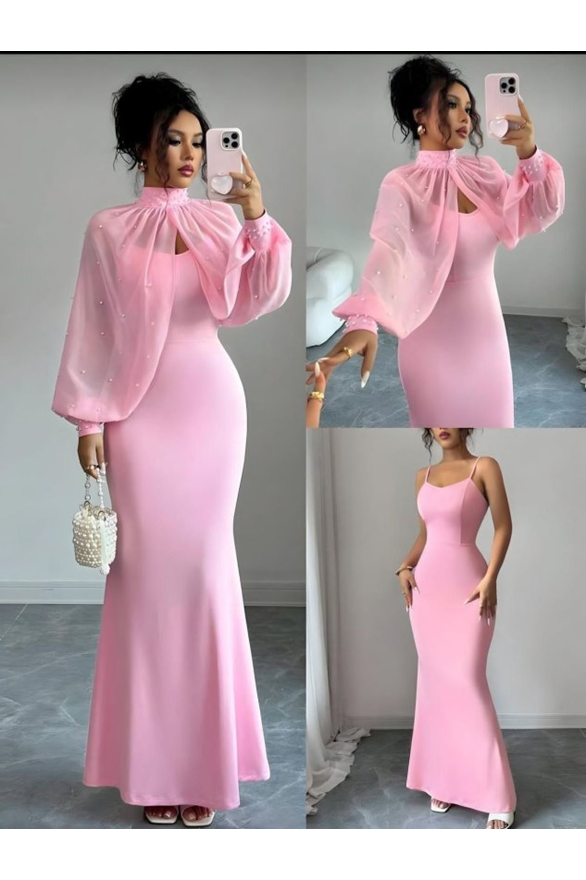 Kadın Balıkçı Yaka İnci Ve Tül Detay Dalgıç Kumaş Maxi Boy Elbise