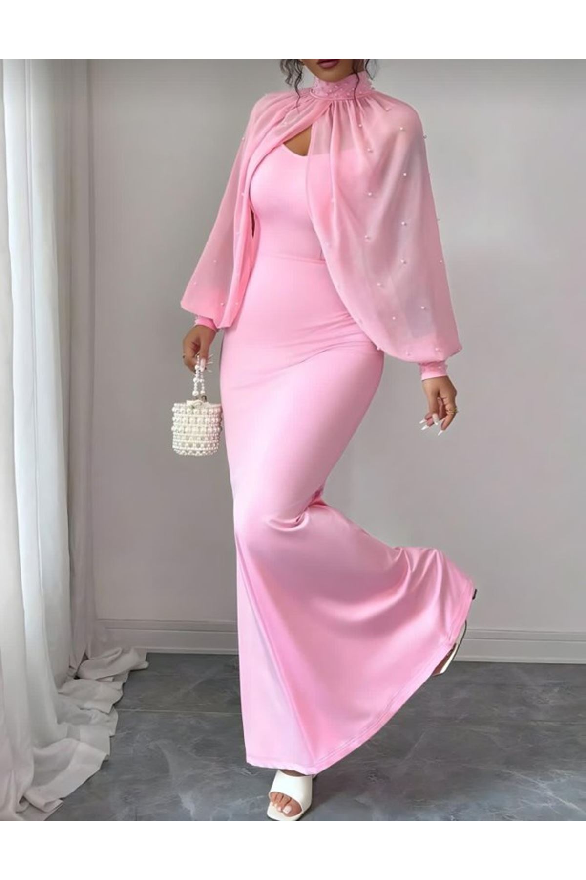 Kadın Balıkçı Yaka İnci Ve Tül Detay Dalgıç Kumaş Maxi Boy Elbise