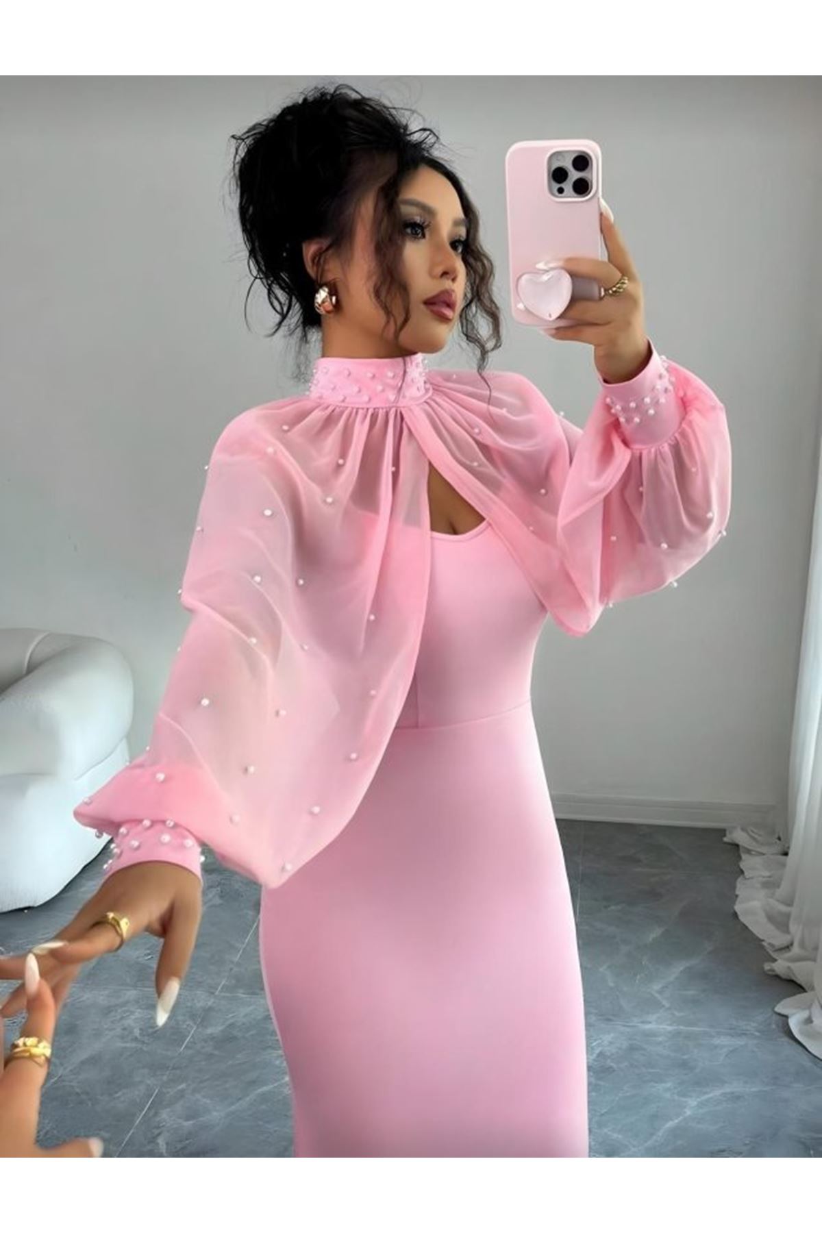 Kadın Balıkçı Yaka İnci Ve Tül Detay Dalgıç Kumaş Maxi Boy Elbise