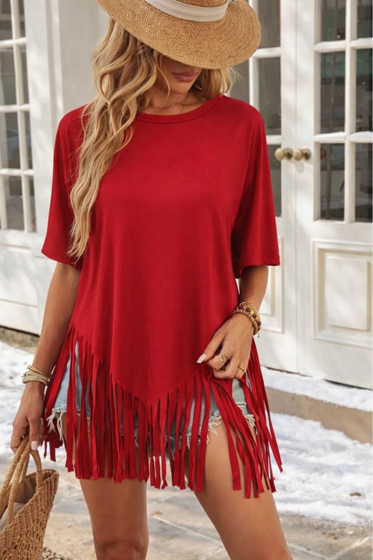 Kadın Kısa Kollu Bisiklet Yaka Püsküllü Viskon Bluz