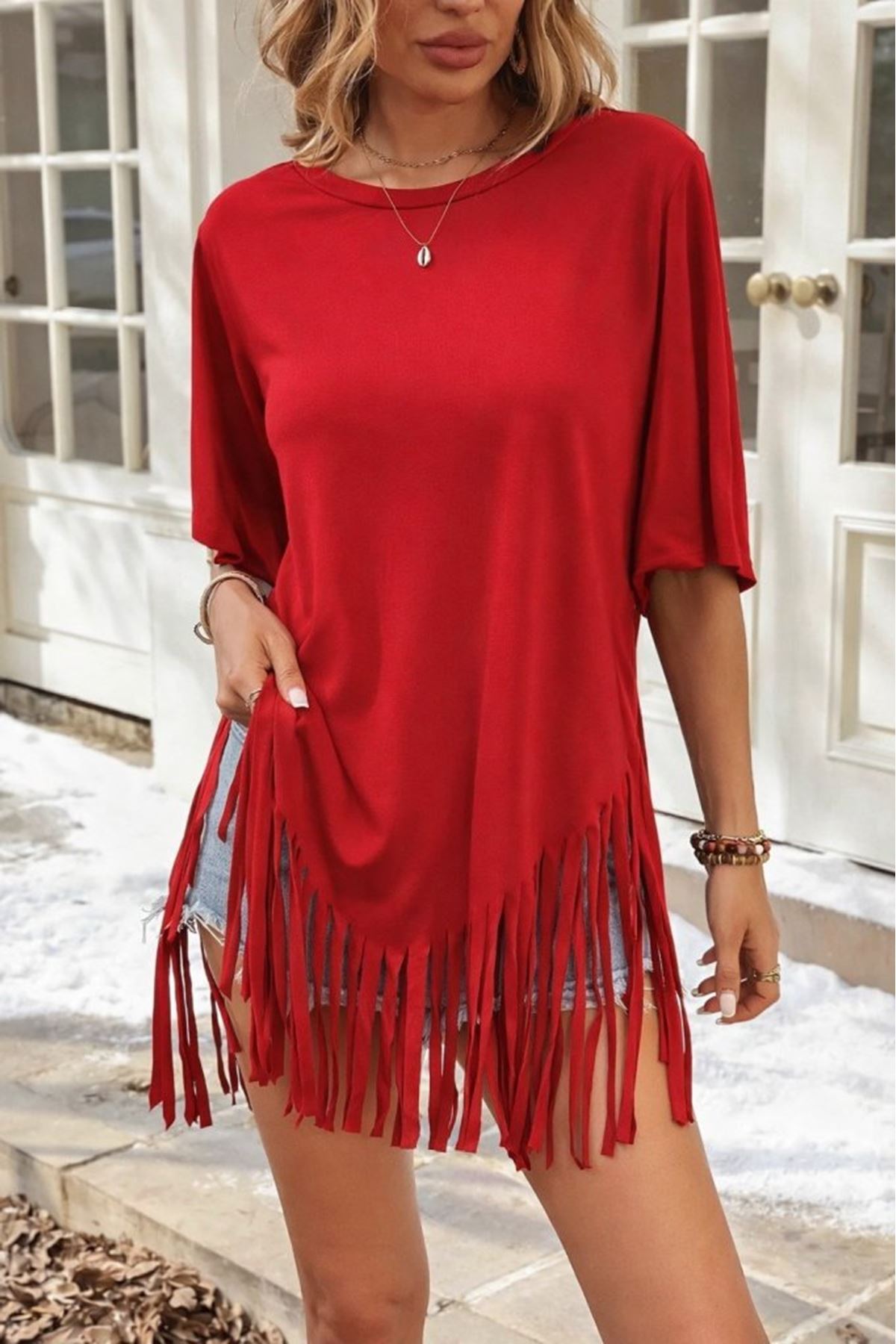 Kadın Kısa Kollu Bisiklet Yaka Püsküllü Viskon Bluz