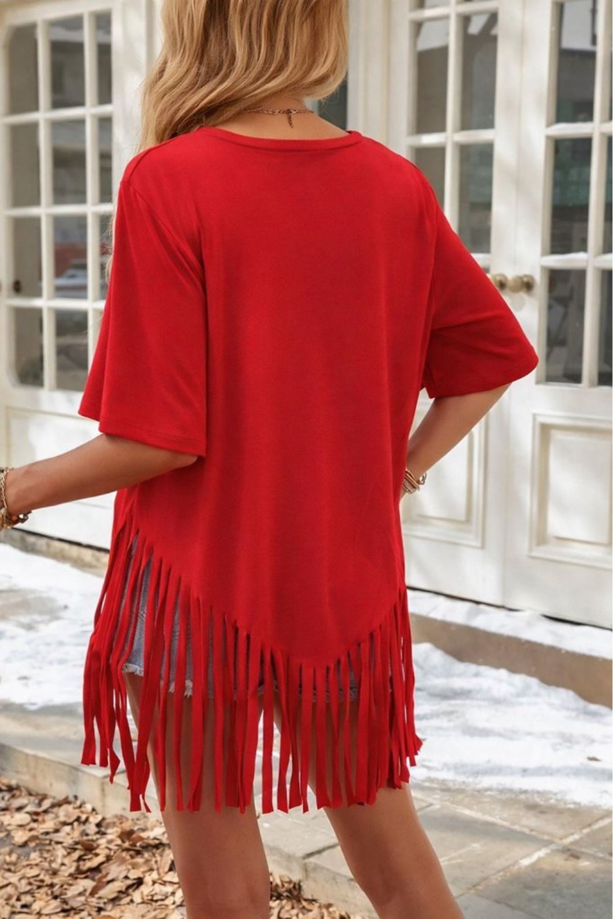 Kadın Kısa Kollu Bisiklet Yaka Püsküllü Viskon Bluz