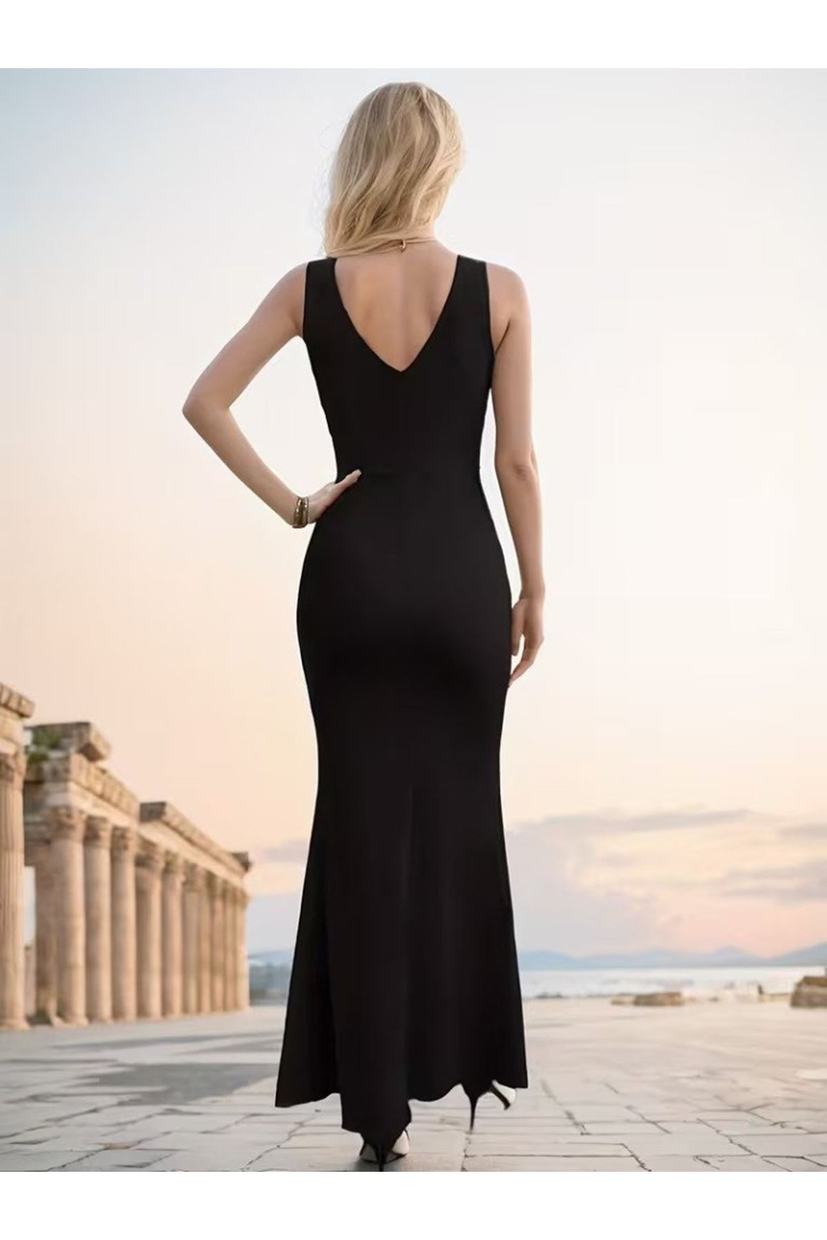 Kadın Ip Askılı Kruvaze Yakalı Yırtmaçlı Uzun Ithal Krep Elbise