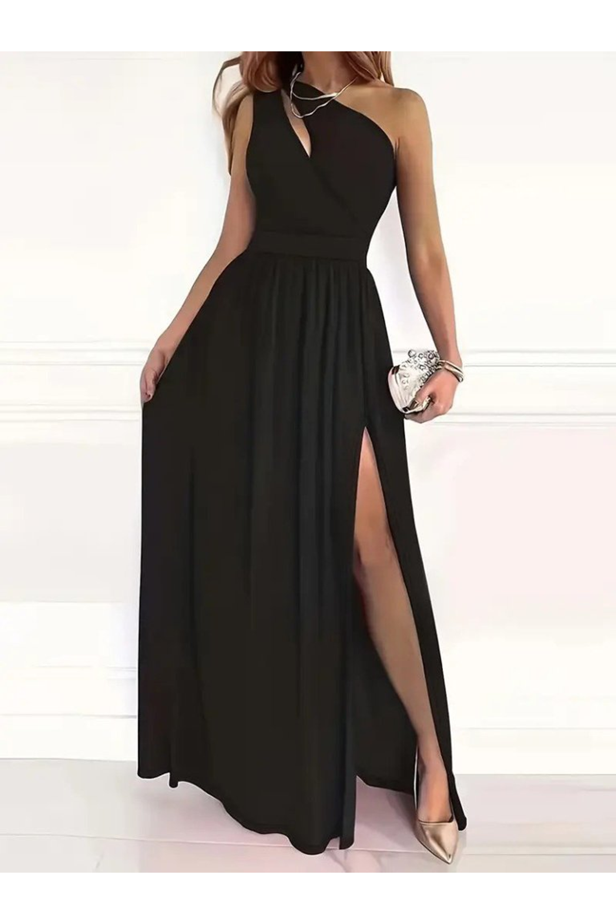 Kadın Omuzlardan Açık Asimetrik Yaka Detaylı Yırtmaçlı Maksi Boy Janjan Krep Elbise