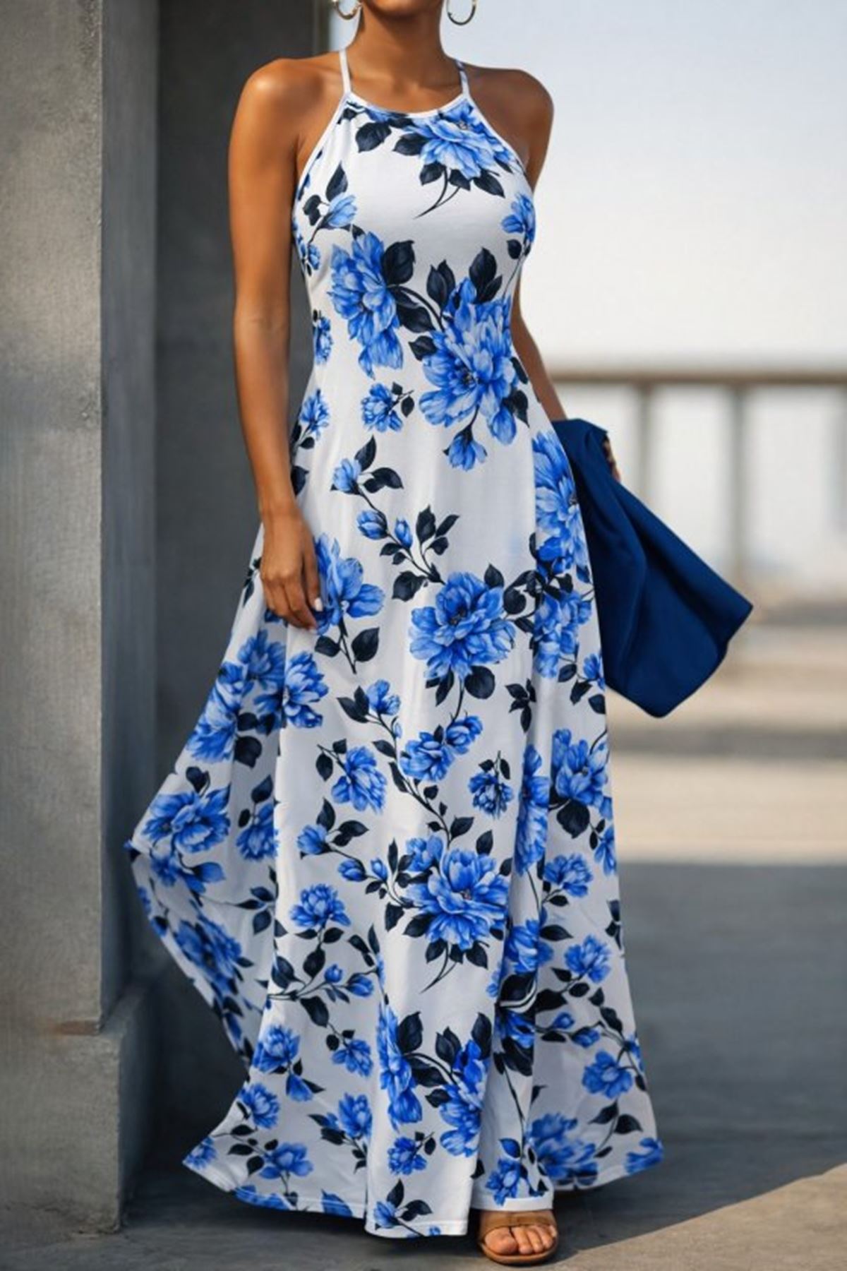 Kadın Omuzlardan Açık Ip Askılı Desenli Uzun Süprem Elbise