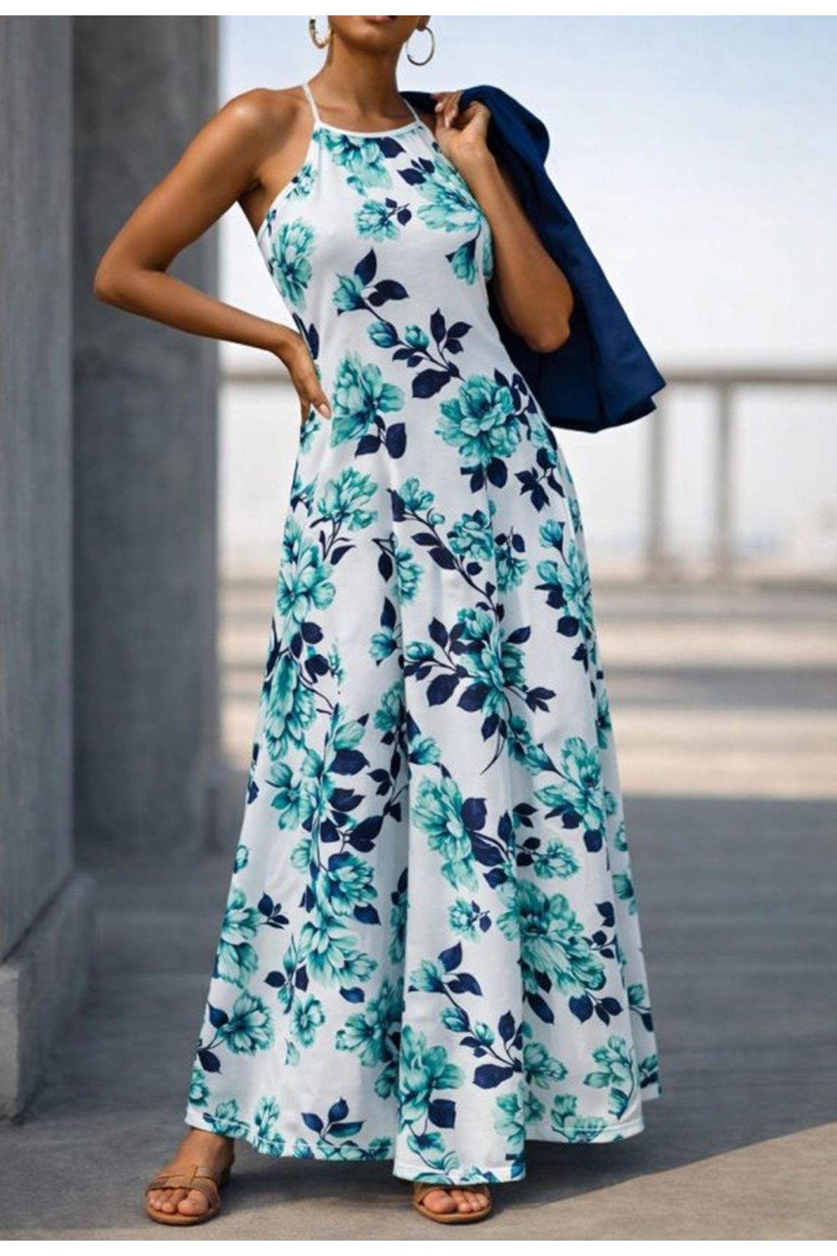 Kadın Omuzlardan Açık Ip Askılı Desenli Uzun Süprem Elbise