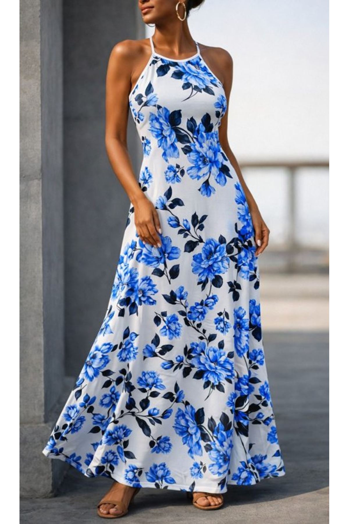 Kadın Omuzlardan Açık Ip Askılı Desenli Uzun Süprem Elbise