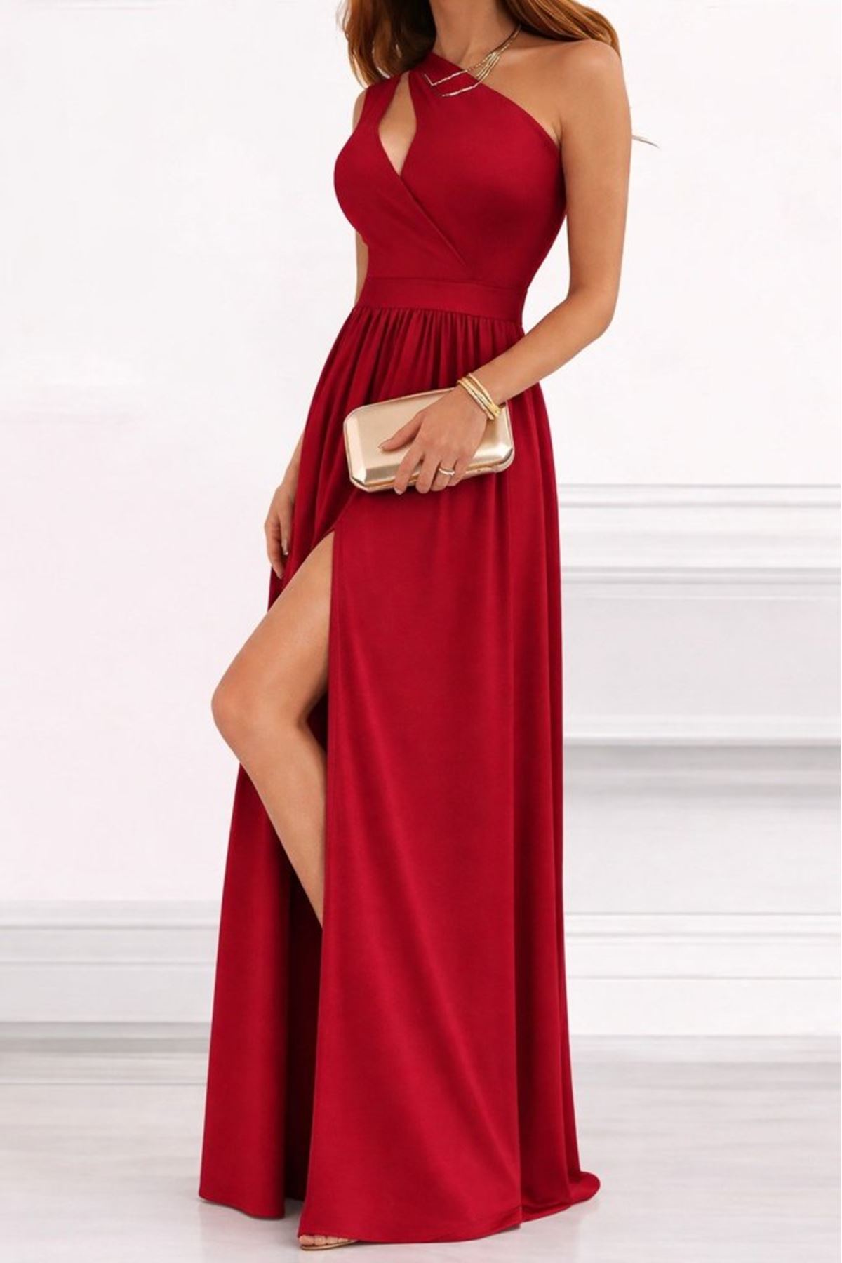 Kadın Omuzlardan Açık Asimetrik Yaka Detaylı Yırtmaçlı Maksi Boy Janjan Krep Elbise