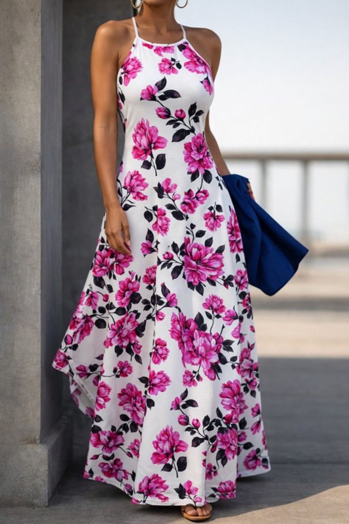 Kadın Omuzlardan Açık Ip Askılı Desenli Uzun Süprem Elbise