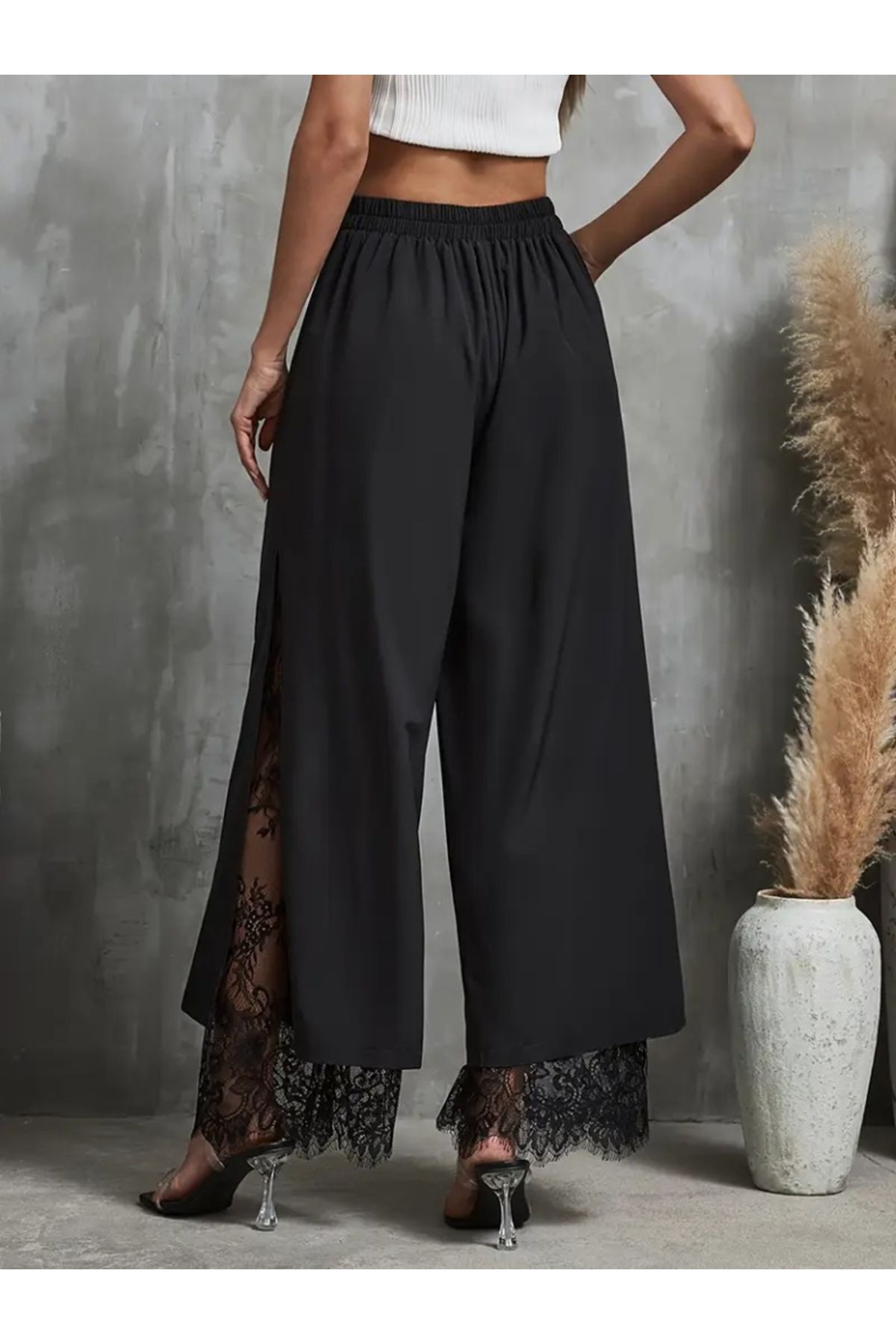 Kadın Yüksek Bel Belden Kuşaklı üst Dalgıç Alt Dantel Detaylı Dalgıç Pantolon