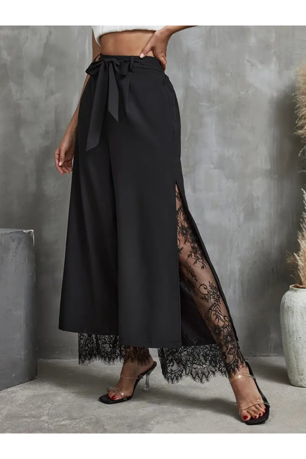 Kadın Yüksek Bel Belden Kuşaklı üst Dalgıç Alt Dantel Detaylı Dalgıç Pantolon