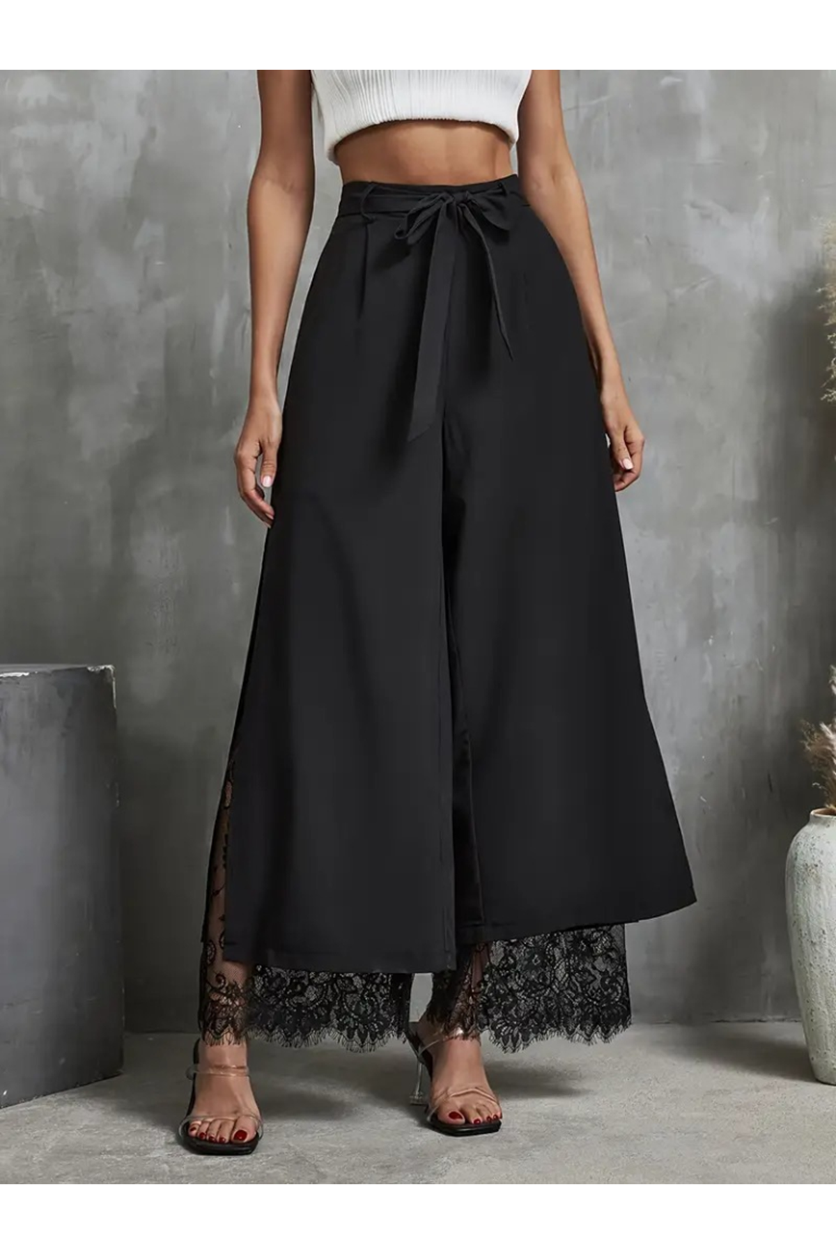Kadın Yüksek Bel Belden Kuşaklı üst Dalgıç Alt Dantel Detaylı Dalgıç Pantolon