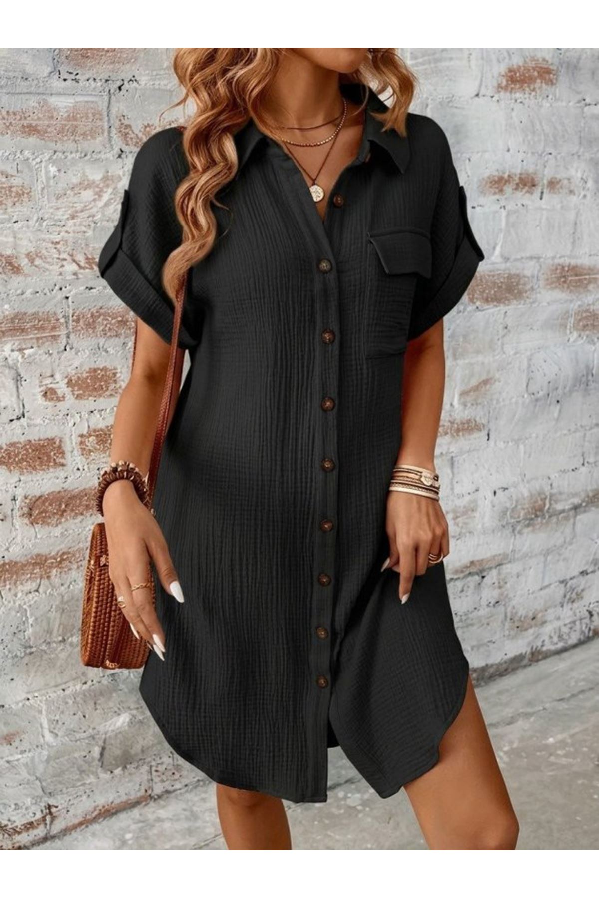 Kadın Kısa Kollu Yakalı önden Düğmeli Bürümcük Kısa Elbise