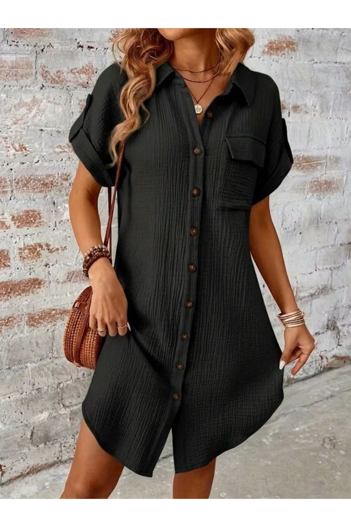 Kadın Kısa Kollu Yakalı önden Düğmeli Bürümcük Kısa Elbise