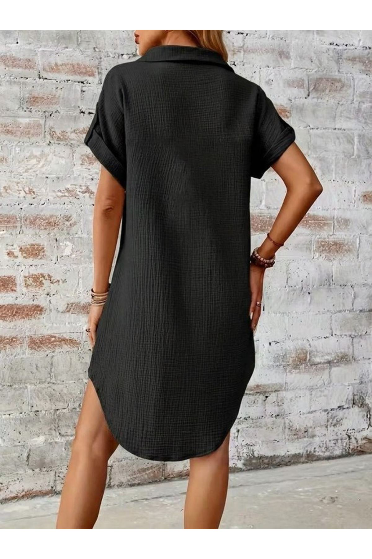 Kadın Kısa Kollu Yakalı önden Düğmeli Bürümcük Kısa Elbise
