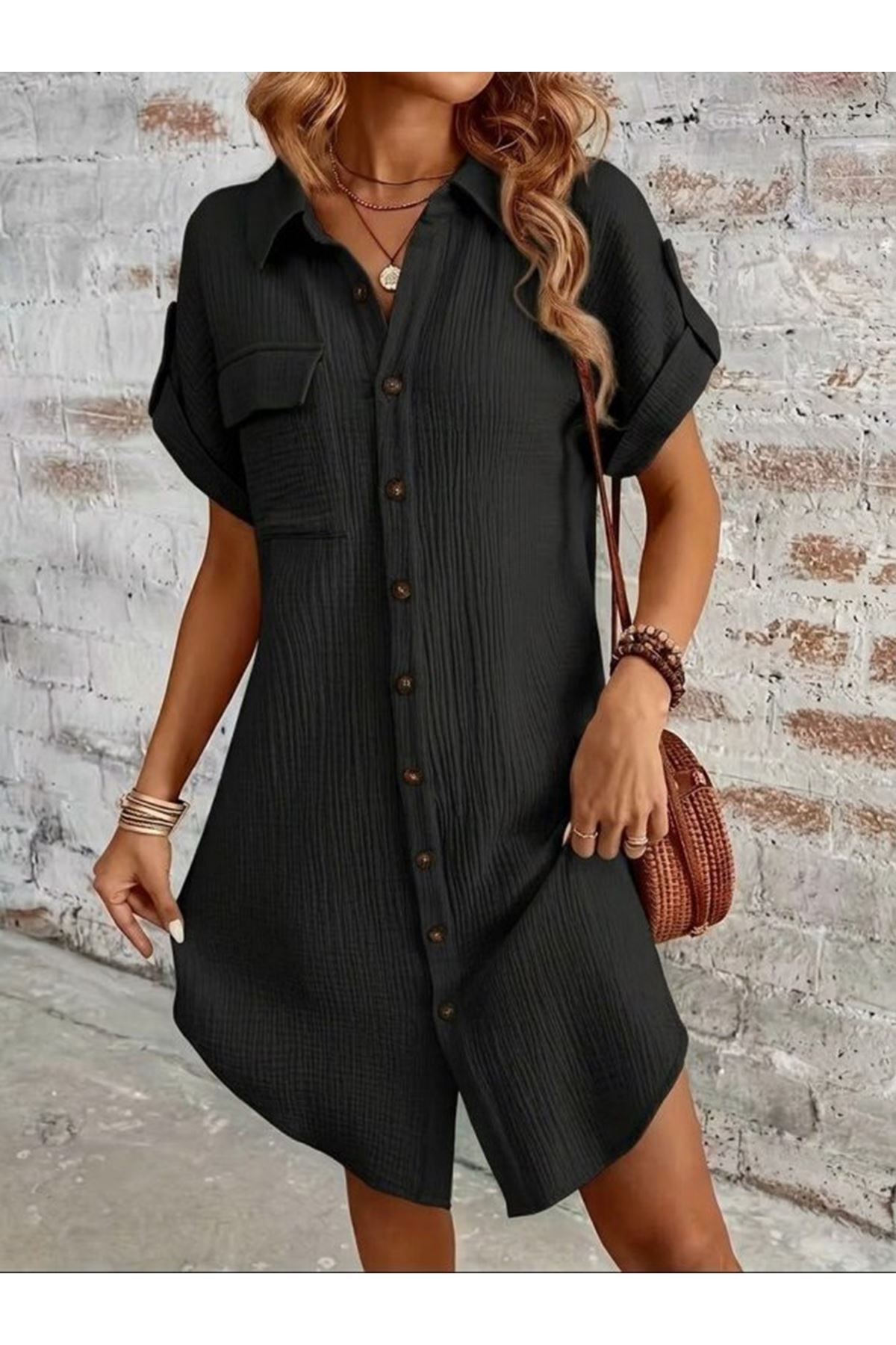 Kadın Kısa Kollu Yakalı önden Düğmeli Bürümcük Kısa Elbise