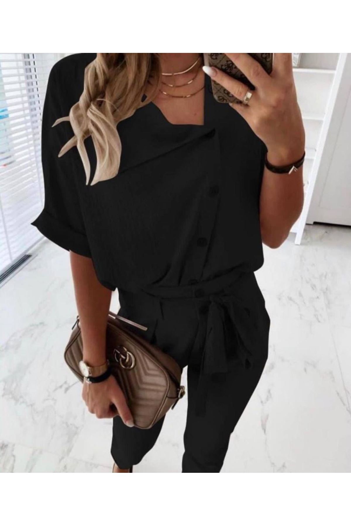 Kadın Kısa Kollu Yakalı önden Düğmeli Bürümcük Bluz Ve Pantolon Ikili Takım