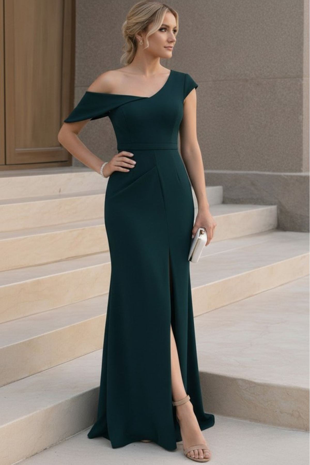 Kadın Tek Omzu Açık Kısa Kollu önden Yırtmaçlı Uzun Ithal Krep Elbise