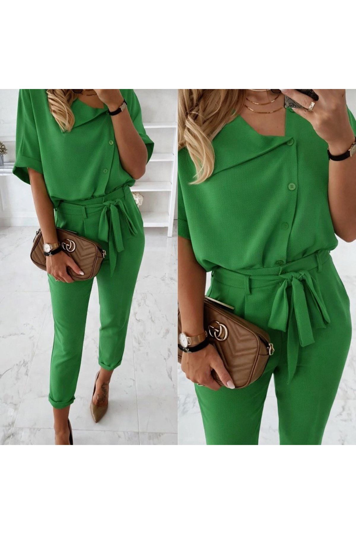 Kadın Kısa Kollu Yakalı önden Düğmeli Bürümcük Bluz Ve Pantolon Ikili Takım