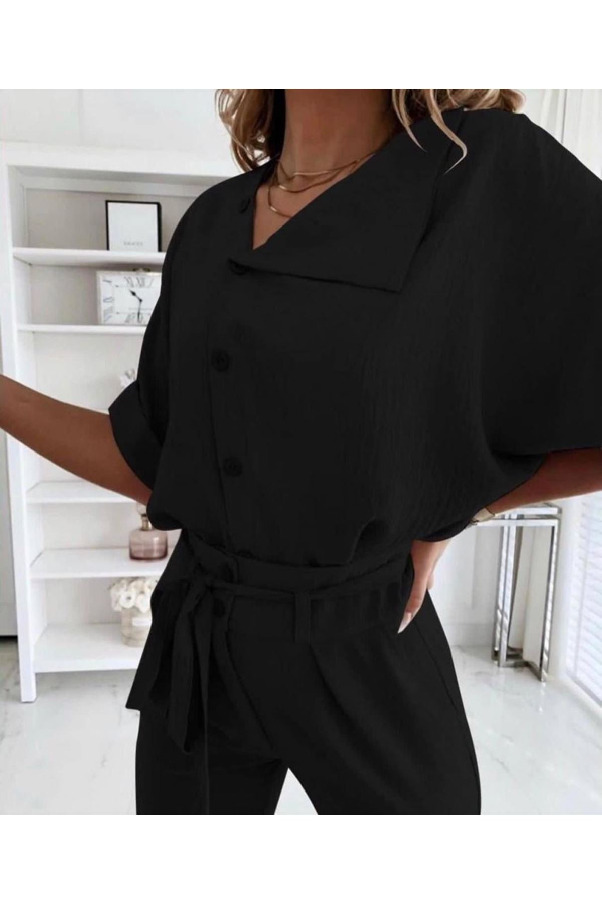 Kadın Kısa Kollu Yakalı önden Düğmeli Bürümcük Bluz Ve Pantolon Ikili Takım