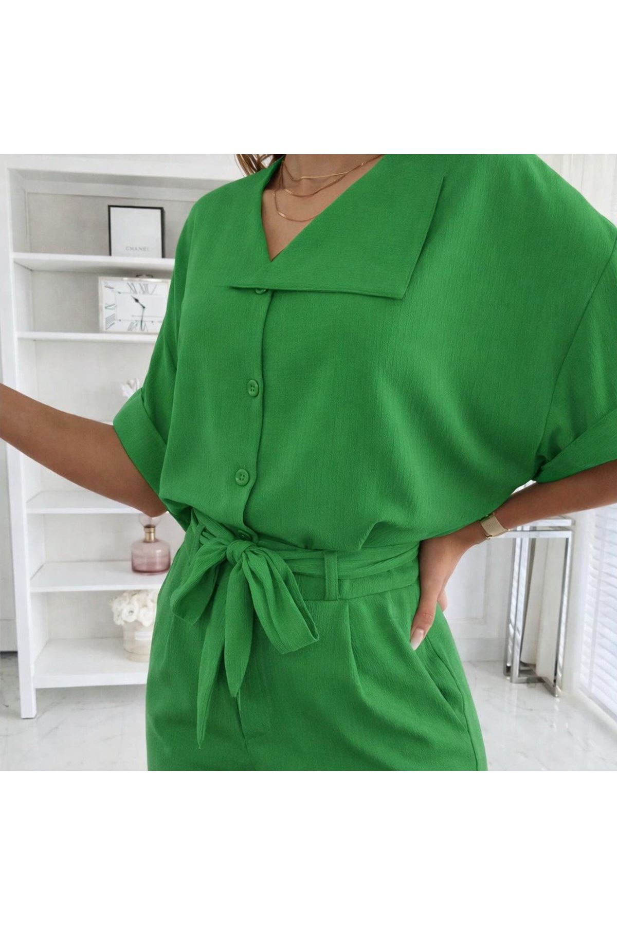 Kadın Kısa Kollu Yakalı önden Düğmeli Bürümcük Bluz Ve Pantolon Ikili Takım