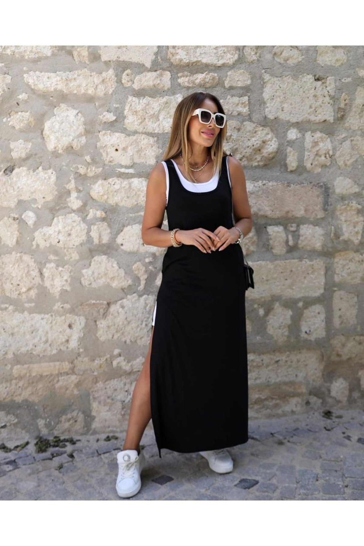 Kadın Askılı Yuvarlak Yakalı Cepli Yırtmaç Detaylı Viskon Elbise Ve Atlet Ikili Takım