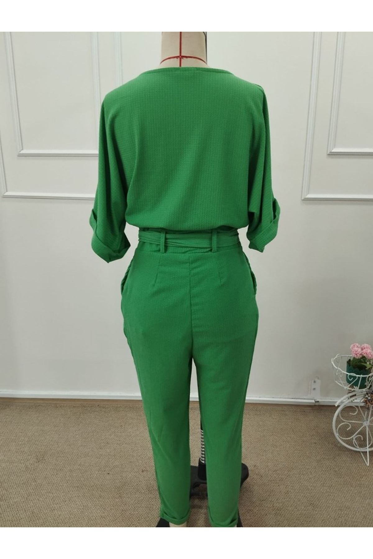 Kadın Kısa Kollu Yakalı önden Düğmeli Bürümcük Bluz Ve Pantolon Ikili Takım