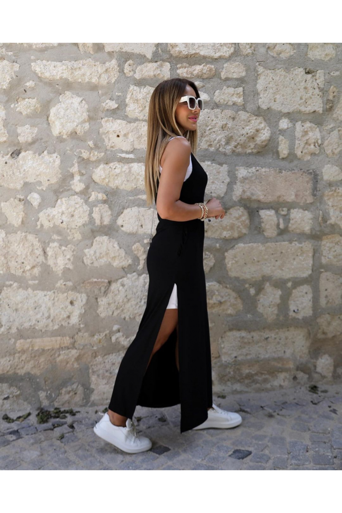 Kadın Askılı Yuvarlak Yakalı Cepli Yırtmaç Detaylı Viskon Elbise Ve Atlet Ikili Takım