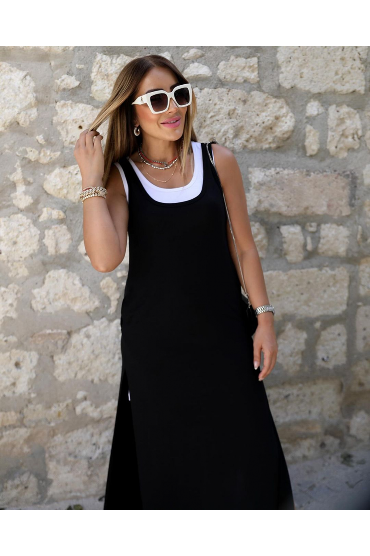 Kadın Askılı Yuvarlak Yakalı Cepli Yırtmaç Detaylı Viskon Elbise Ve Atlet Ikili Takım