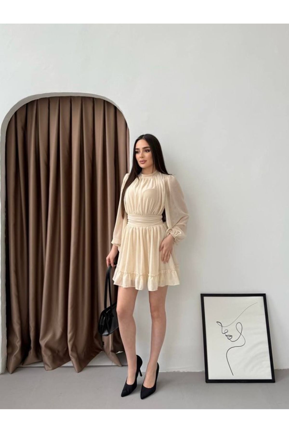 Kadın Yarım Balıkçı Yaka Kolları Transparan Astarlı Full şifon Elbise