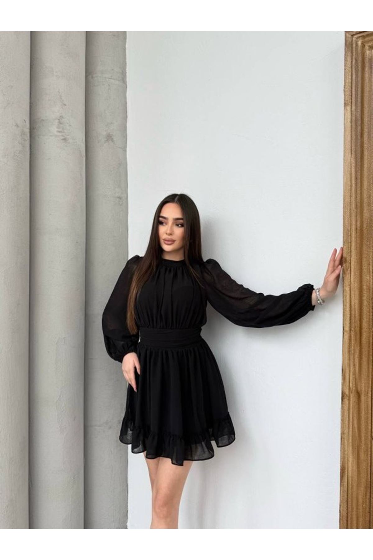 Kadın Yarım Balıkçı Yaka Kolları Transparan Astarlı Full şifon Elbise