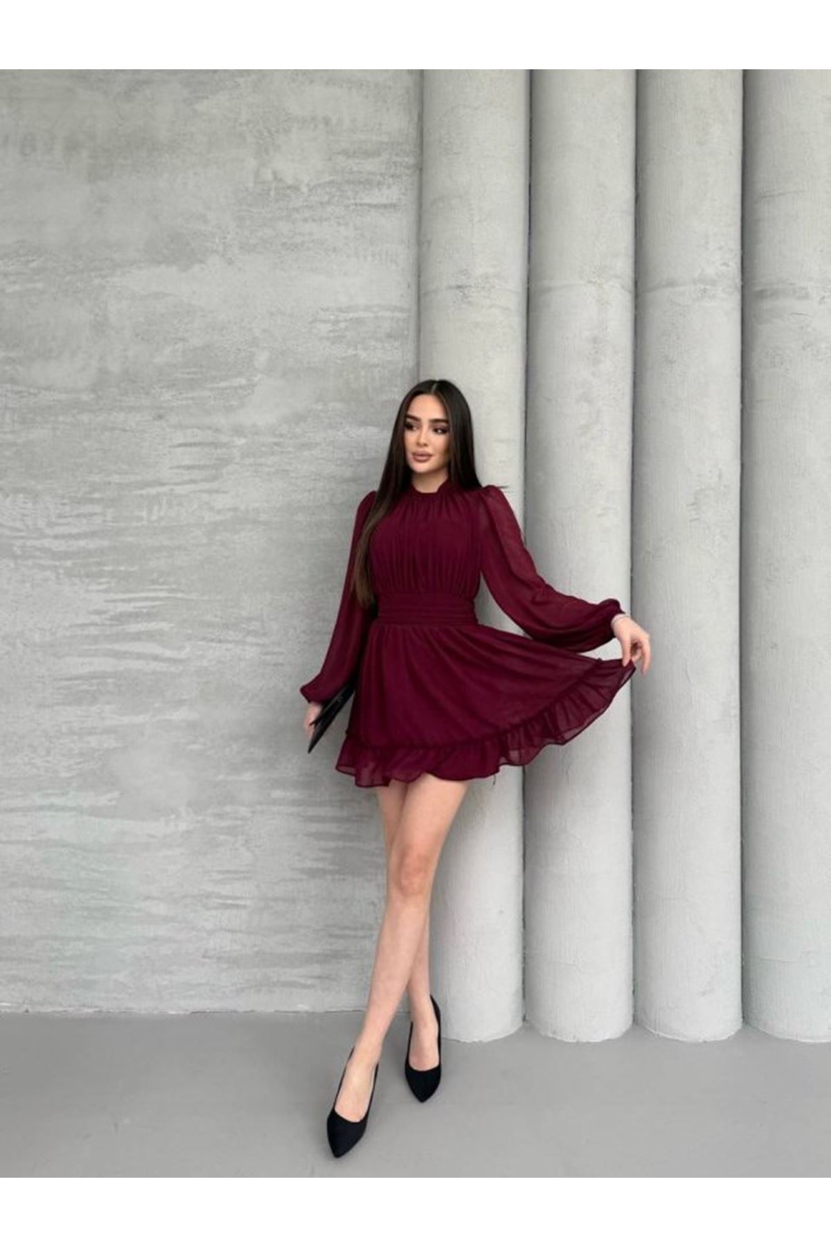 Kadın Yarım Balıkçı Yaka Kolları Transparan Astarlı Full şifon Elbise