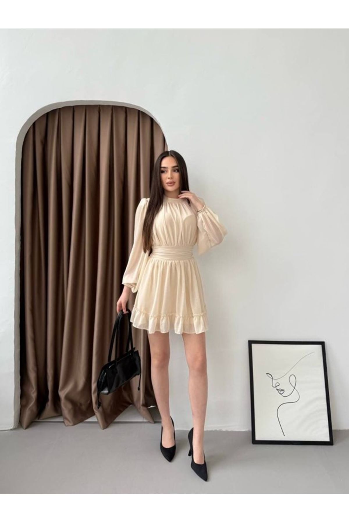 Kadın Yarım Balıkçı Yaka Kolları Transparan Astarlı Full şifon Elbise