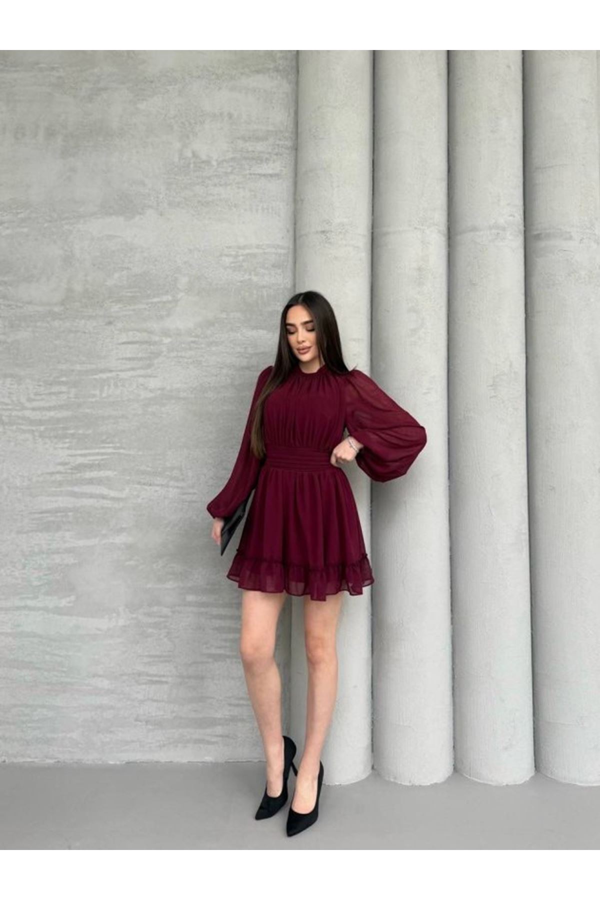 Kadın Yarım Balıkçı Yaka Kolları Transparan Astarlı Full şifon Elbise