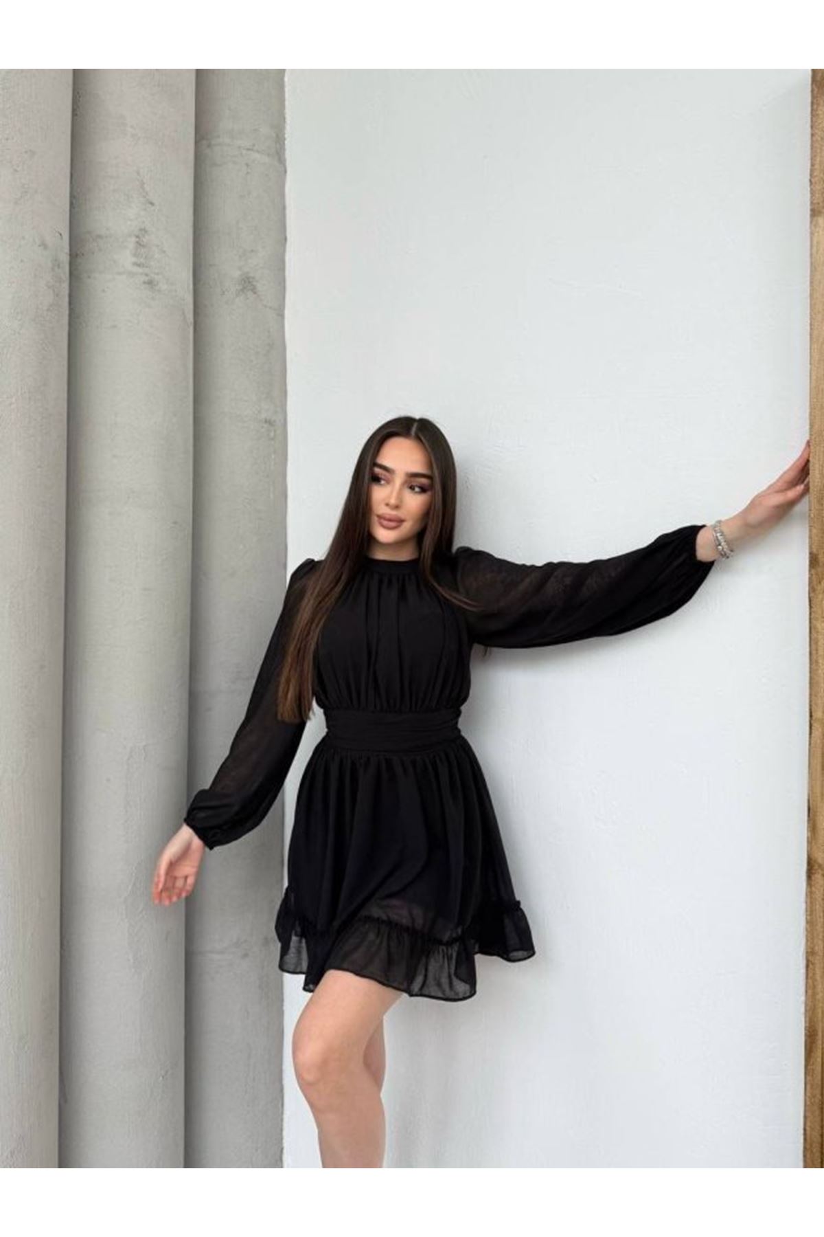 Kadın Yarım Balıkçı Yaka Kolları Transparan Astarlı Full şifon Elbise