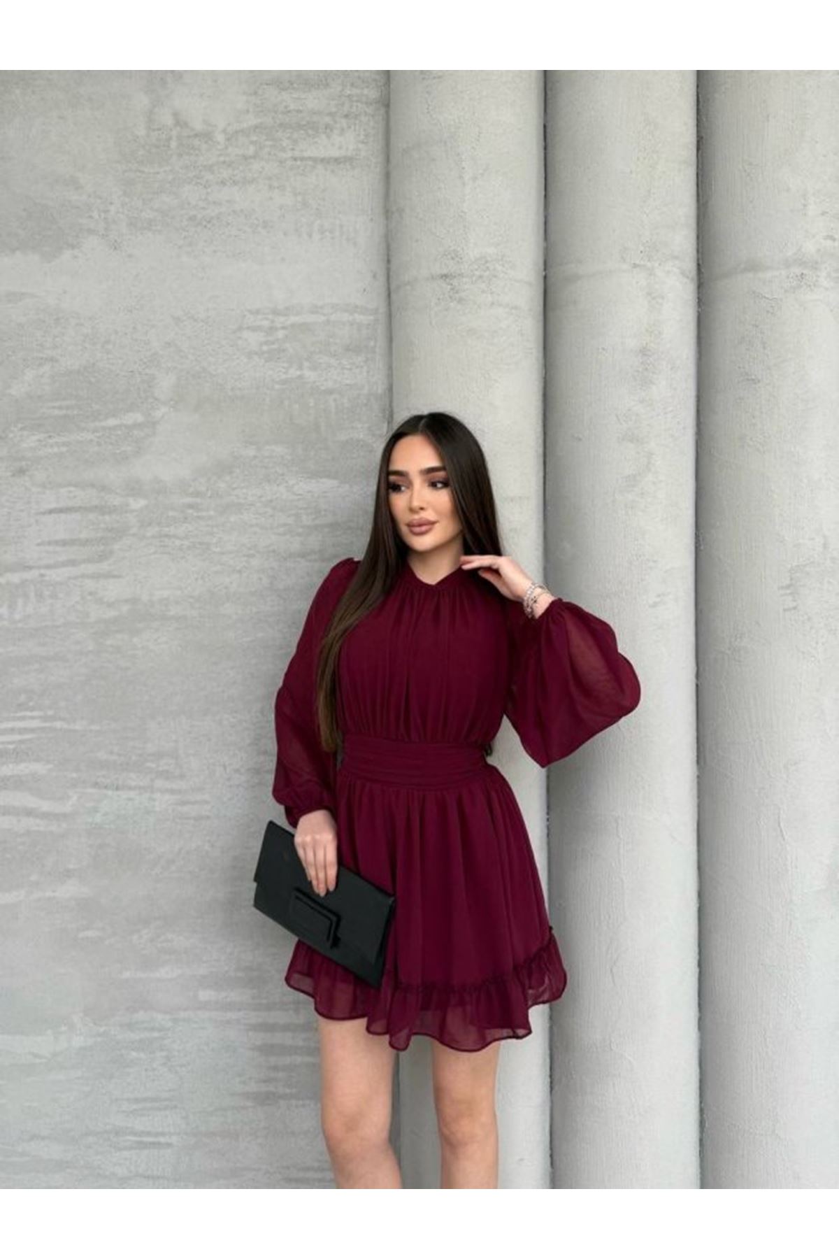 Kadın Yarım Balıkçı Yaka Kolları Transparan Astarlı Full şifon Elbise