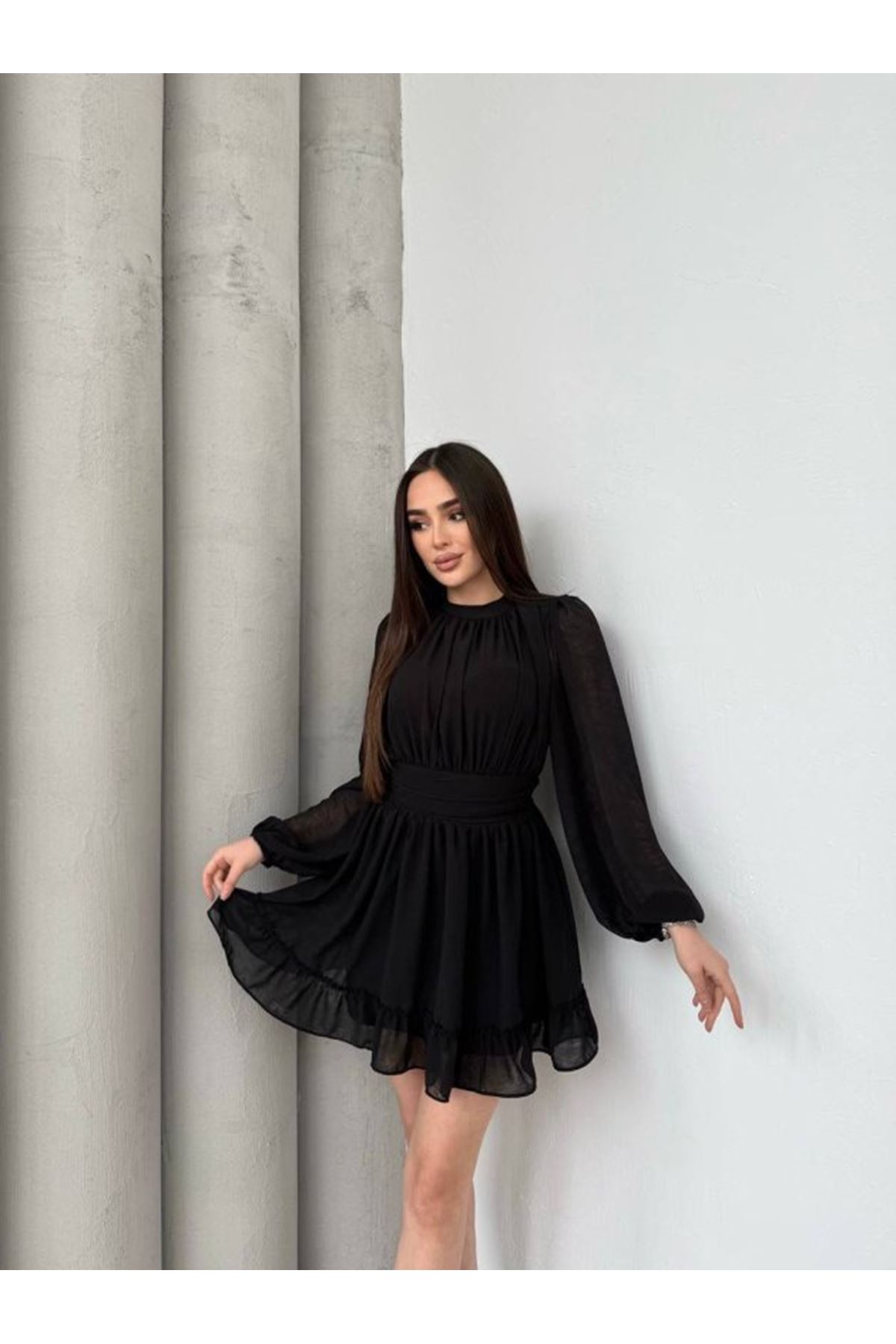 Kadın Yarım Balıkçı Yaka Kolları Transparan Astarlı Full şifon Elbise