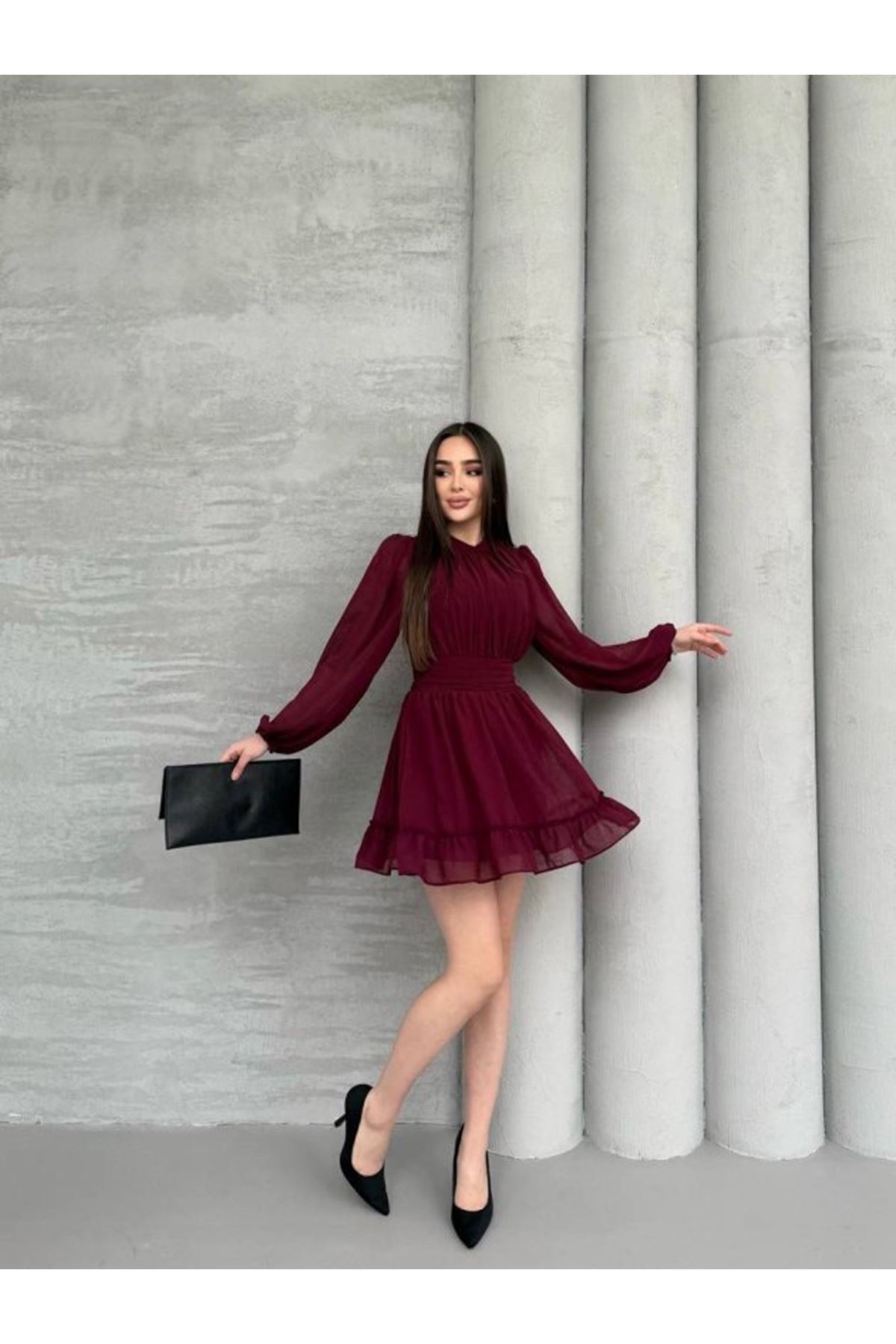 Kadın Yarım Balıkçı Yaka Kolları Transparan Astarlı Full şifon Elbise