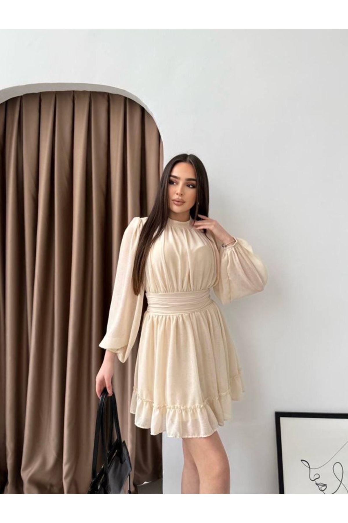 Kadın Yarım Balıkçı Yaka Kolları Transparan Astarlı Full şifon Elbise