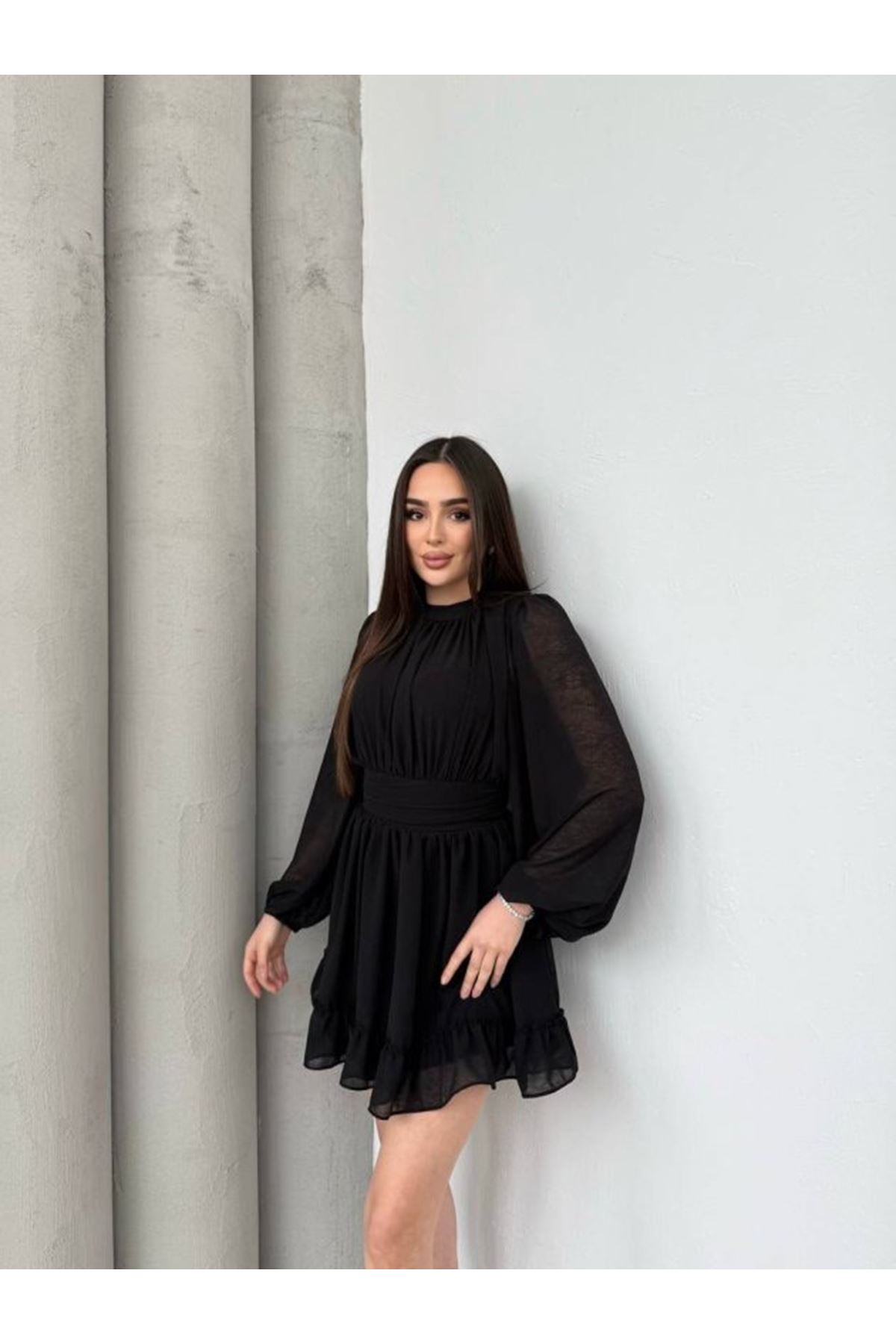 Kadın Yarım Balıkçı Yaka Kolları Transparan Astarlı Full şifon Elbise