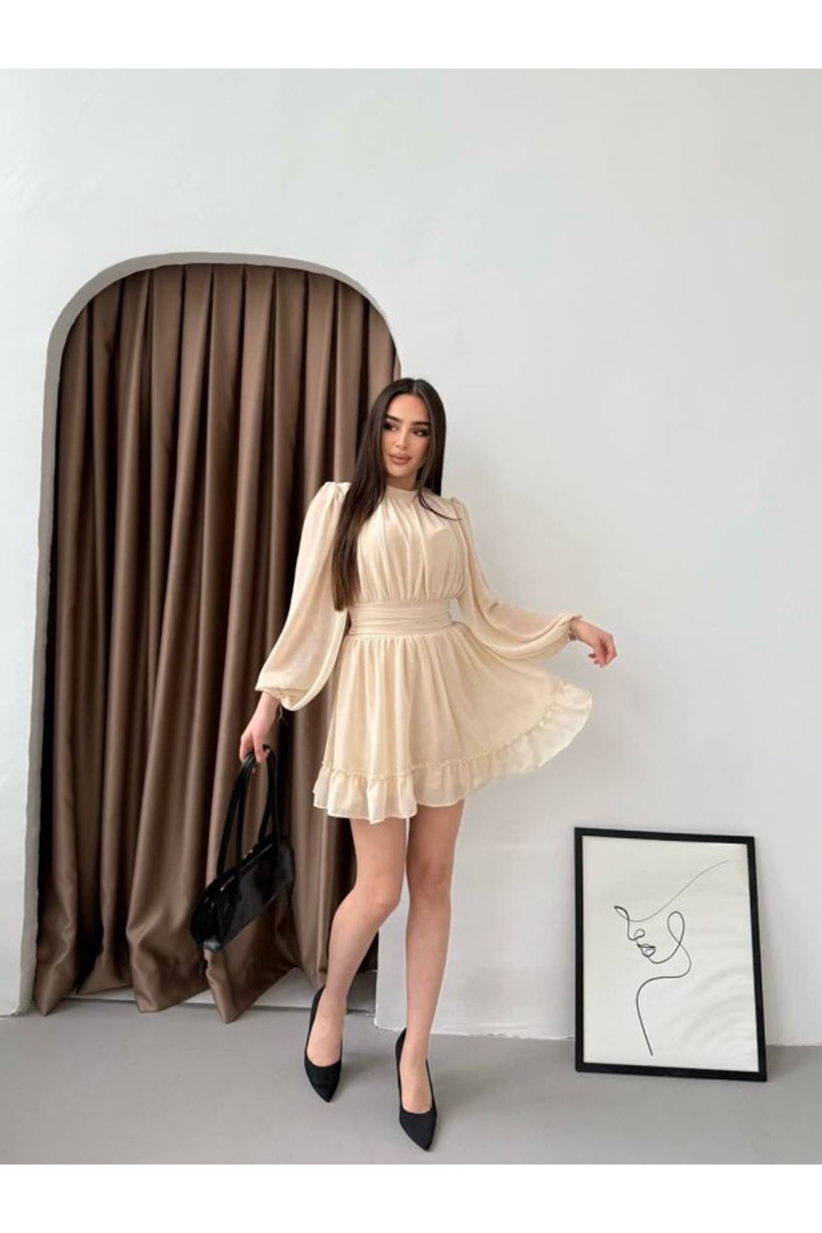 Kadın Yarım Balıkçı Yaka Kolları Transparan Astarlı Full şifon Elbise