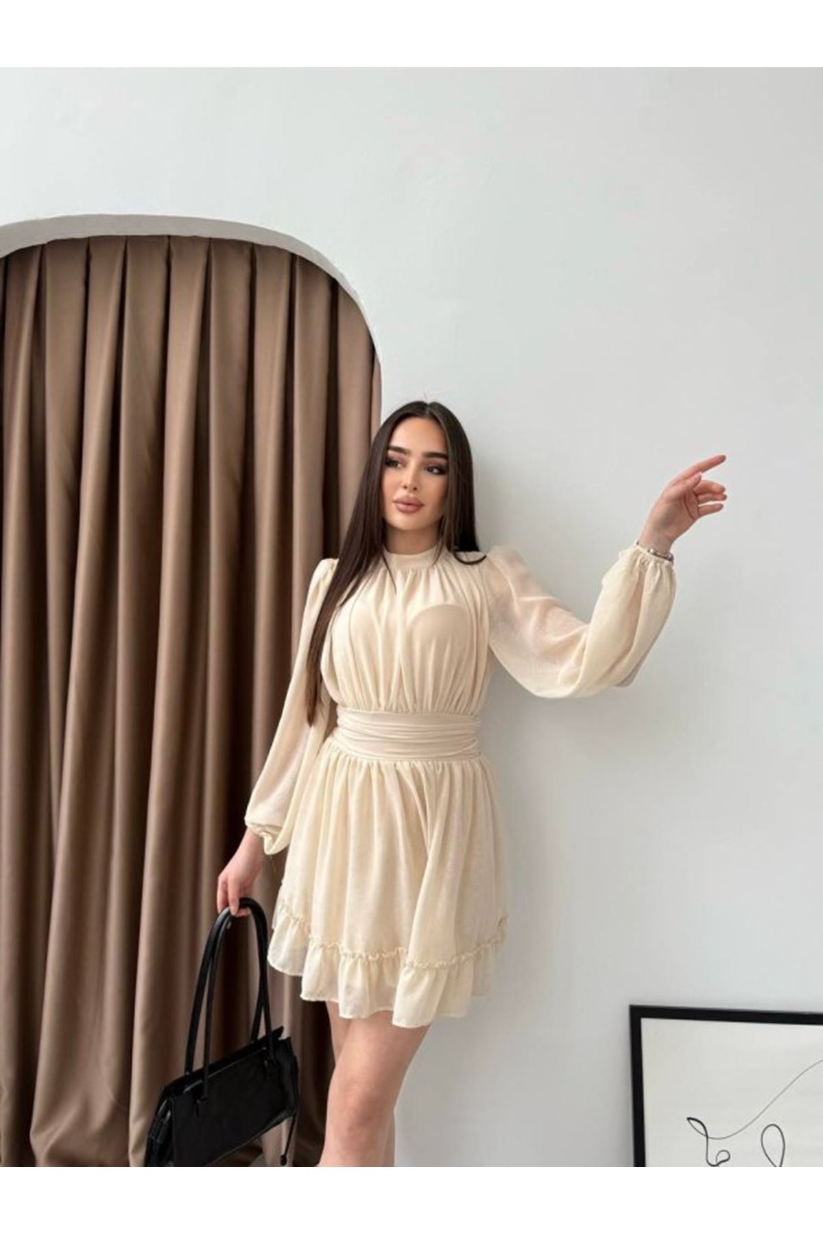 Kadın Yarım Balıkçı Yaka Kolları Transparan Astarlı Full şifon Elbise