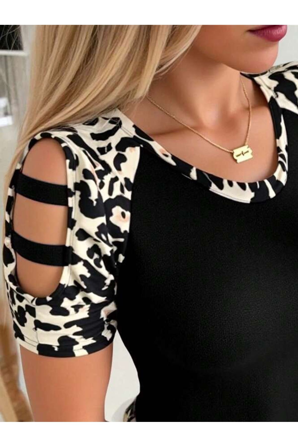 Kadın Kısa Kollu Yuvarlak Yaka Kollarda şerit Detaylı Leoparlı Viskon Bluz